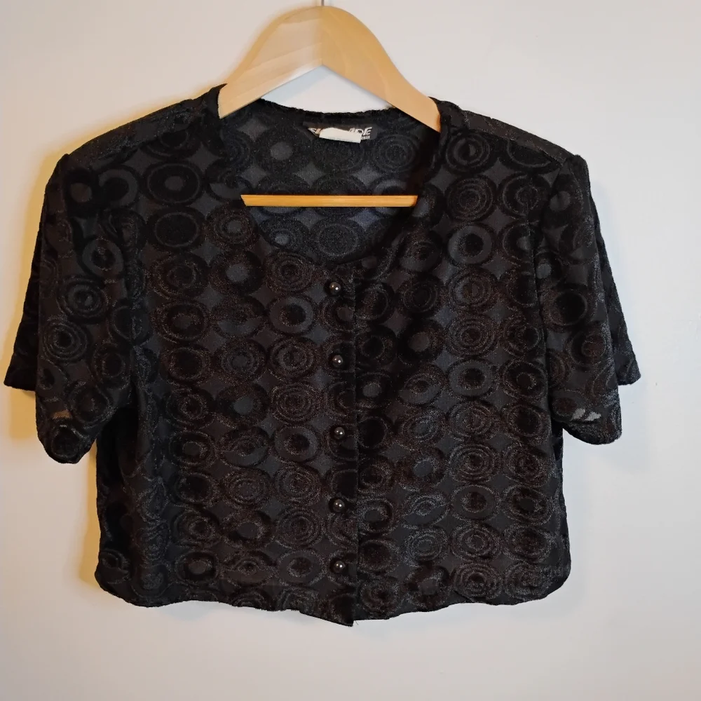 SHARADE Vintage 90s Blk Retro Goth Semi Sheer Velvety Crop Button Blouse Women L